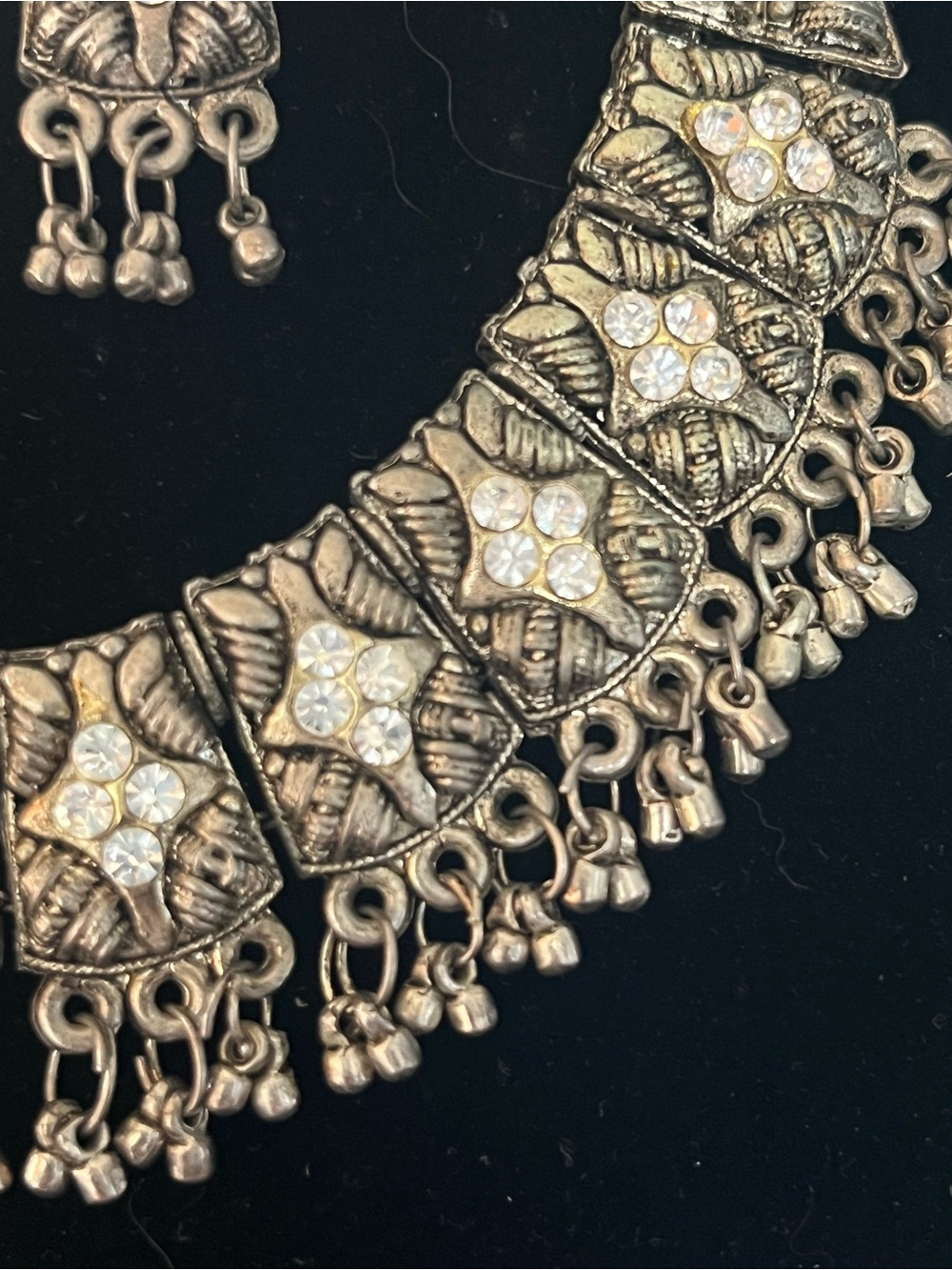 Oxidized Silver Necklace Set Intricate Geometric Patterns & Rhinestones - Picture 4 of 15